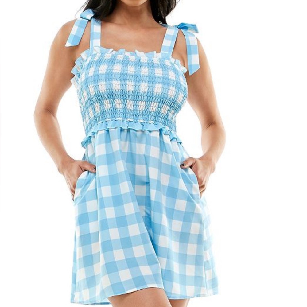 As U Wish Gingham Smocked Dress w Shoulder Ties & Pockets Blue White Juniors XL